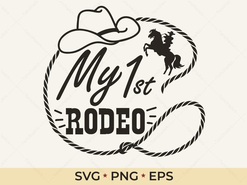May include: A black and white graphic design with a cowboy hat, lasso, and a horse and rider silhouette. The text reads "My 1st Rodeo". Ideal for rodeo-themed products, this design is suitable for various applications.