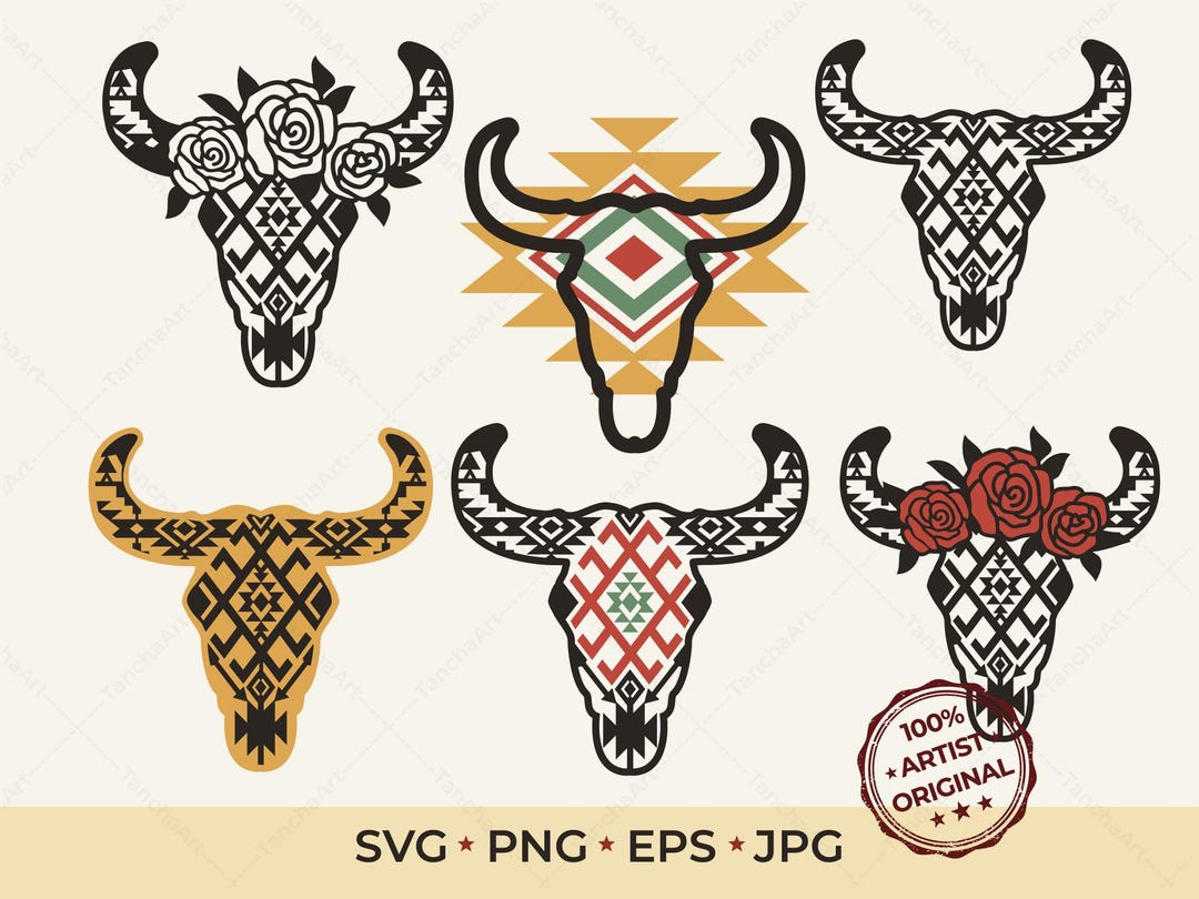 Aztec Cow Skull SVG Bundle | Tribal Bull Skull Clipart | Southwestern ...