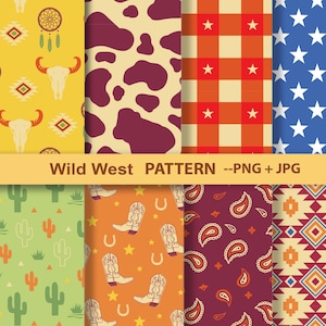 Wild West Cowboy Seamless Pattern Set Digital Papers Aztec Fabric Cowboy Boots Instant Download Rustic Wild West Digital Papers Background
