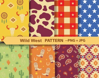 Wild West Digital Paper Set: Cowboy, Aztec, Rustic Patterns (PNG, JPG)