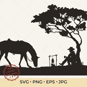 Cowboy Campfire Scene SVG & PNG | Hand Drawn Western Silhouette | Wild West Horse Landscape | Laser Engraving Cut File for Glowforge Cricut image 1