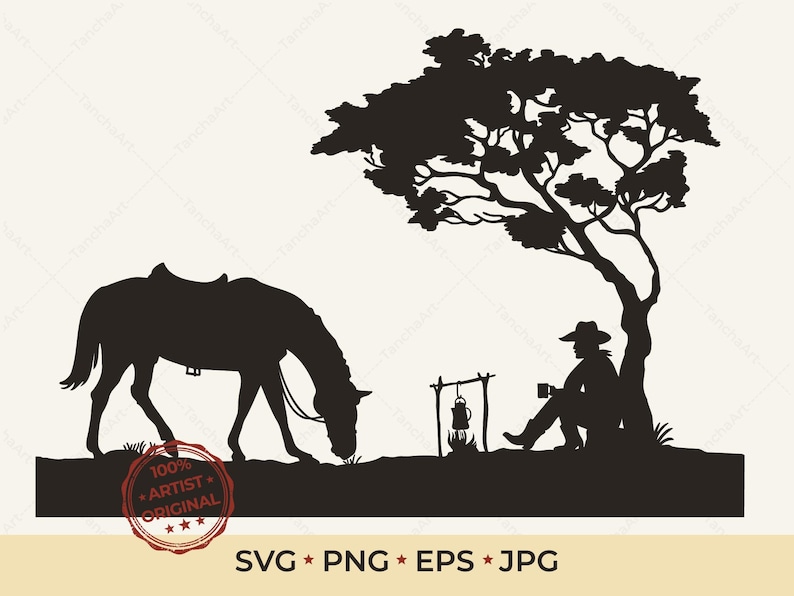 Cowboy Campfire Scene SVG & PNG | Hand Drawn Western Silhouette | Wild West Horse Landscape | Laser Engraving Cut File for Glowforge Cricut image 1