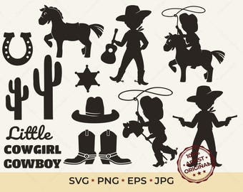 Kleine cowboy clipart-SVG | Schattig western babysilhouet | Verjaardagsdecoratie kleine cowgirl | Snijbestand voor kinderkamer voor Cricut, Glowforge