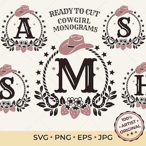Coastal Cowgirl Monogram SVG, Western Alfabet Aardbei Letters, Nashville Bachelorette Bride Initiaal, Cricut Cut-bestand Zachte Cowboy Art PNG