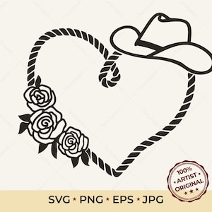 Lasso Heart SVG, Cowgirl Hat Cut File, Western Romance Clipart, Last Rodeo Bachelorette, Country Girl Shirt Vector, Rope Heart svg Cricut
