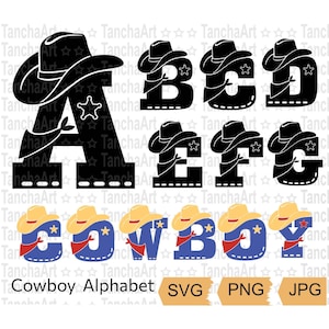 Alfabeto de cowboy SVG Clipart de cowboy Arquivo cortado Letras digitais PNG Little Cowboy Aniversário Letras ocidentais Arquivo cortado para Cricut Download instantâneo