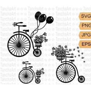 Vintage Fahrrad SVG Romantische Liebe Schnittdatei für Cricut druckbare Kunst mit Blumen und Luftballons Bezauberndes Fahrrad PNG Vintage Fahrrad Florale Elemente
