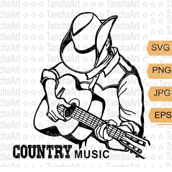 Country Music SVG Cowboy Man with Guitar Player SVG PNG Printable Digital Download Cut File for Cricut Music Festival Guitar Print Art