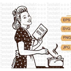 Retro Woman Cook SVG Retro Kitchen Art PNG Wydrukuj plik do cięcia dla Cricut Chef Housewife z książką kucharską Plik cyfrowy Styl retro Lata 50. XX wieku