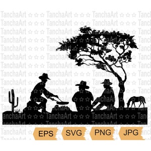 Cowboys Campfire SVG Western Instant Download Country Camping Clipart Cowboy Silhouette Bundle Vaqueros y caballos SVG Salvaje Oeste imprimible