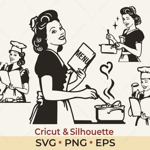 Retro Housewife SVG Bundle Vintage Kitchen SVG Baking Woman Clipart Homemaker PNG Funny Cooking Cut Files Cricut Silhouette Digital Files