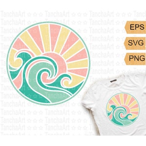 Fale morskie svg Fale oceaniczne SVG Wytnij plik Etykieta okręgu Wschód słońca nad morzem Tropikalne lato svg png Sublimacja Wydruk Cyfrowy Clipart Natychmiastowe pobranie