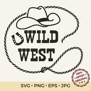 Conception SVG du Far West | Cadre en corde lasso cowboy | Clipart fer à cheval western | Fichier de coupe de chapeau de cowboy country pour Cricut Silhouette Glowforge