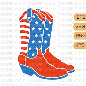 Botas de vaquero SVG America Botas imprimibles svg png Archivo de corte patriótico para Cricut USA Flag Design Western Boots Country Style Día de la Independencia