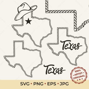 Texas Map Rope Outline SVG & PNG | Hand Drawn Western Lasso Frame | Cowboy Hat State Silhouette | Laser Cut File for Glowforge Cricut