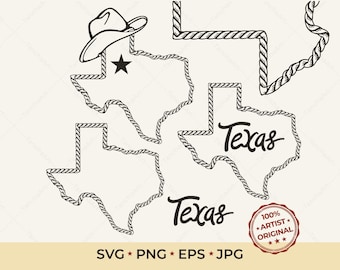 Mapa de Texas con cuerda en SVG y PNG / Marco de lazo occidental dibujado a mano / Silueta del estado con sombrero de vaquero / Archivo cortado con láser para Glowforge Cricut