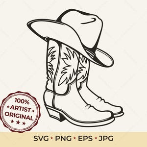 Cowboy Boots SVG & Hat PNG | Hand Drawn Western Vector Sketch | Vintage Cowgirl Clipart | Laser Engraving File for Glowforge Cricut