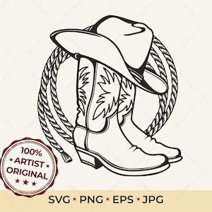 Cowboy Boots SVG & Hat PNG | Rodeo Lasso Clipart | Hand Drawn Western Sketch Style | Vintage Cowgirl Vector | Laser Engraving File Cricut
