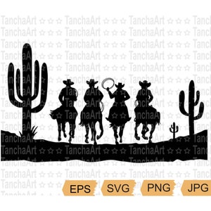 Kowboje SVG Western Print Art Silhouette Kowboje na koniach Amerykańskie kaktusy pustynne Wytnij plik Clipart Dziki Zachód SVG PNG Natychmiastowe pobranie