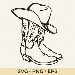 May include: Black and white illustration of a cowboy hat hanging on a pair of cowboy boots. The boots have decorative stitching. The image includes the text "SVG * PNG * EPS".