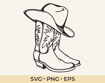 Cowboy Boots SVG & Hat PNG | Hand Drawn Western Vector Sketch | Vintage Cowgirl Clipart | Laser Engraving File for Glowforge Cricut