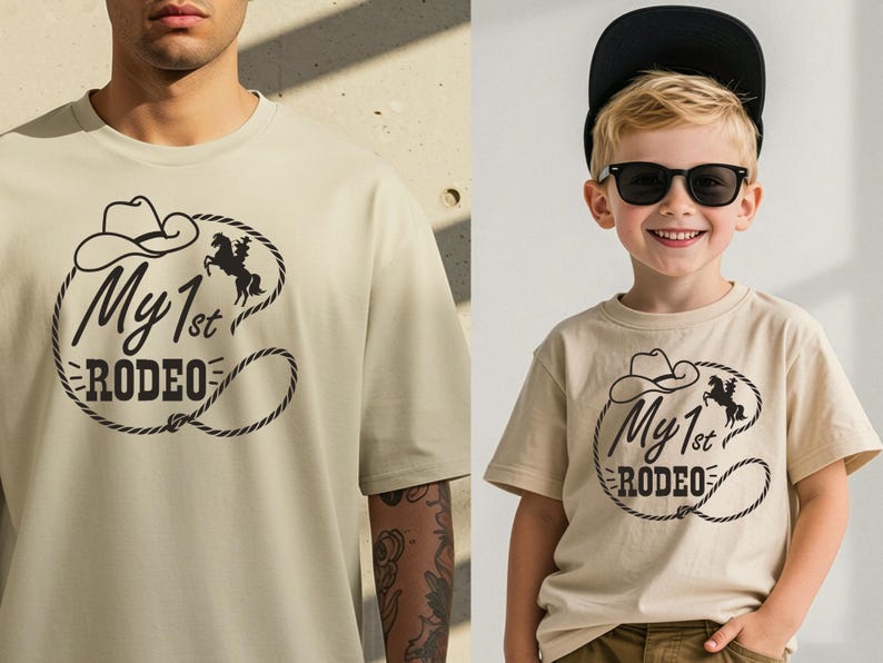 May include: Two beige t-shirts, one worn by an adult and the other by a child. Both shirts have a black graphic with a cowboy hat, horse, and the text "My 1st Rodeo". The shirts are short-sleeved.