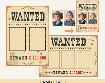Blank Wanted Poster Bundle | Add Multiple Photos Frame | Vintage Western Party Decor | Cowboy Birthday Booth Prop PNG Download 300 dpi