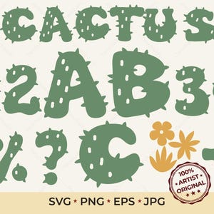 サボテンアルファベットSVGバンドル | ボヘミアン砂漠の文字と数字 | 多肉植物ABCクリップアート | かわいいサボテン文字PNG / Cricut用レーザーカットファイル