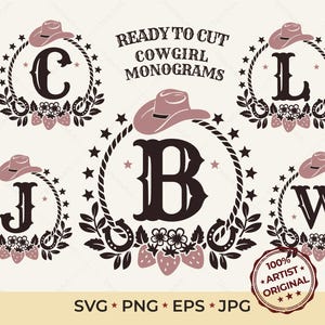 May include: Cowgirl monogram designs featuring letters C, L, J, B, and W, each within a circular frame. The frames include a cowboy hat, stars, rope, horseshoes, flowers, and strawberries. The text "READY TO CUT COWGIRL MONOGRAMS" is displayed.