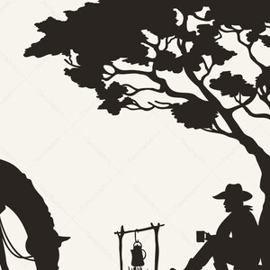 Cowboy Campfire Scene SVG & PNG | Hand Drawn Western Silhouette | Wild West Horse Landscape | Laser Engraving Cut File for Glowforge Cricut image 2