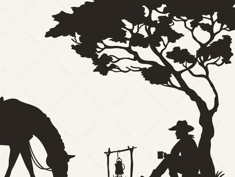 Cowboy Campfire Scene SVG & PNG | Hand Drawn Western Silhouette | Wild West Horse Landscape | Laser Engraving Cut File for Glowforge Cricut image 2