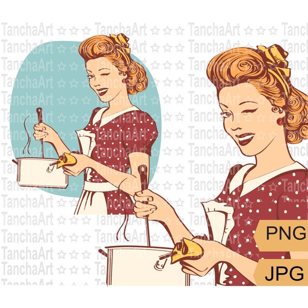 Retro housewife cooking PNG Pin up woman printable Cut file Kitchen art PNG JPG Pin up printable Woman chef cooking Digital file Sublimation