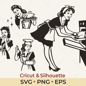 May include: A black and white graphic illustration featuring four retro-style figures in aprons performing kitchen tasks, including reading a cookbook, serving a roasted bird, stirring a pot, and placing a tray into an oven, with text below.