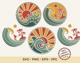 Paquete SVG de olas del océano, clipart de vacaciones de verano retro, emblema de playa tropical, archivo de corte de sol y mar, diseño de círculo de surfista, atardecer tropical
