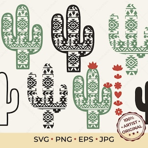 Aztec Cactus SVG Bundle, Southwestern Desert Clipart, Boho Saguaro Cut File, Western Pattern Vector Printable Clipart for Sublimation