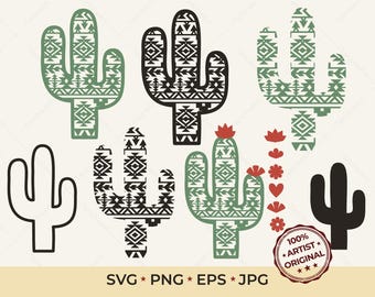 Aztec Cactus SVG Bundle, Southwestern Desert Clipart, Boho Saguaro Cut File, Western Pattern Vector Printable Clipart for Sublimation