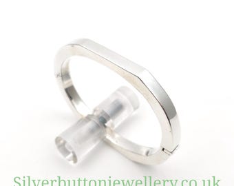 Sterling Silver Square Profile Flat Edge Hinged Oval Shaped Bangle