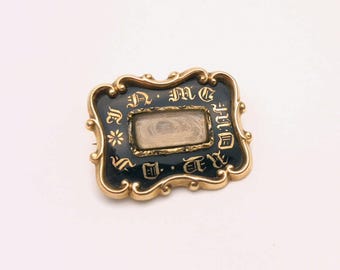 Antique 1800s Gold Black Detailed Mourning brooch with hair panel
