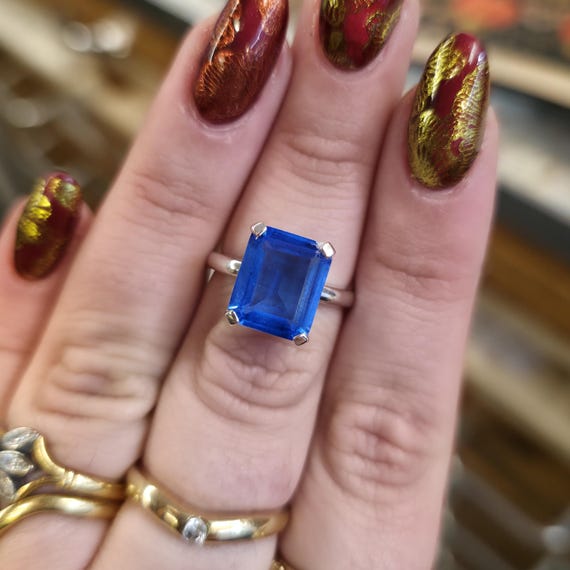 Sterling Silver Bright Blue Rectangular Paste Sto… - image 7