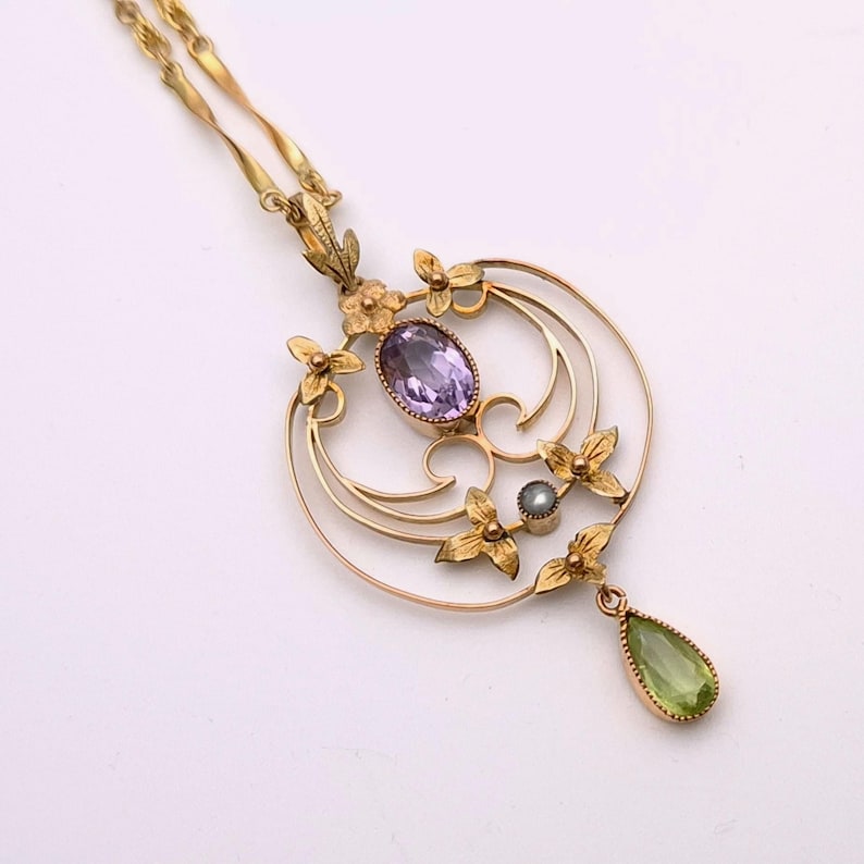 9ct Yellow Gold Art Nouveau Amethyst, Peridot and Pearl Necklace - Etsy