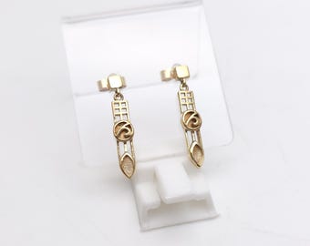 9ct Yellow Gold Vintage Cut Out Mackintosh Style Rose Window Drop Earrings