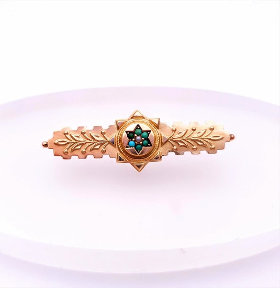 9ct yellow Gold Victoria Turquoise and Pearl bar Brooch Chester 1901
