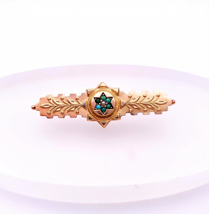 Pu&ograve; includere: Un fermaglio dorato con un design a forma di stella incastonato con turchese e pietre simili a perle.