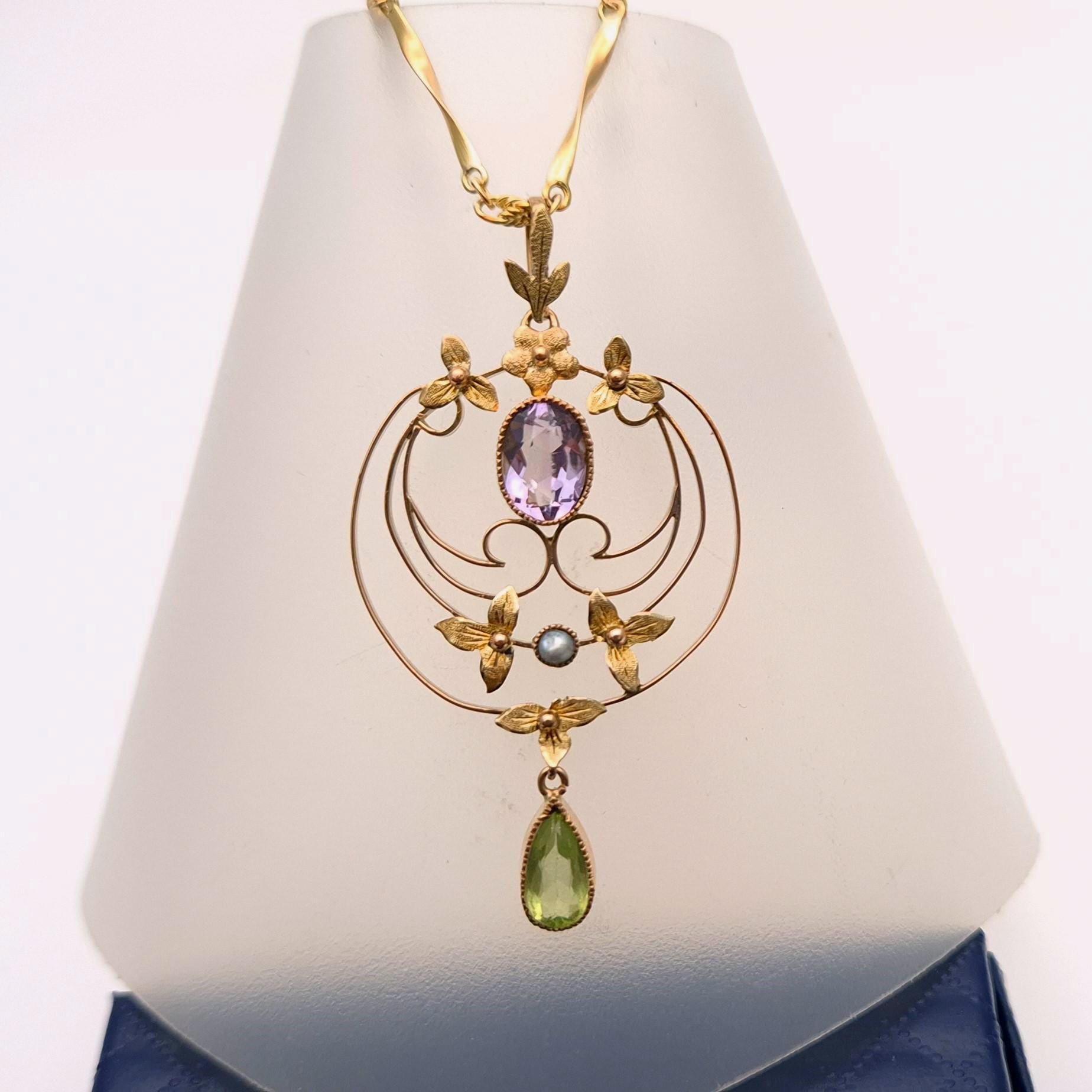 9ct Yellow Gold Art Nouveau Amethyst, Peridot and Pearl Necklace - Etsy