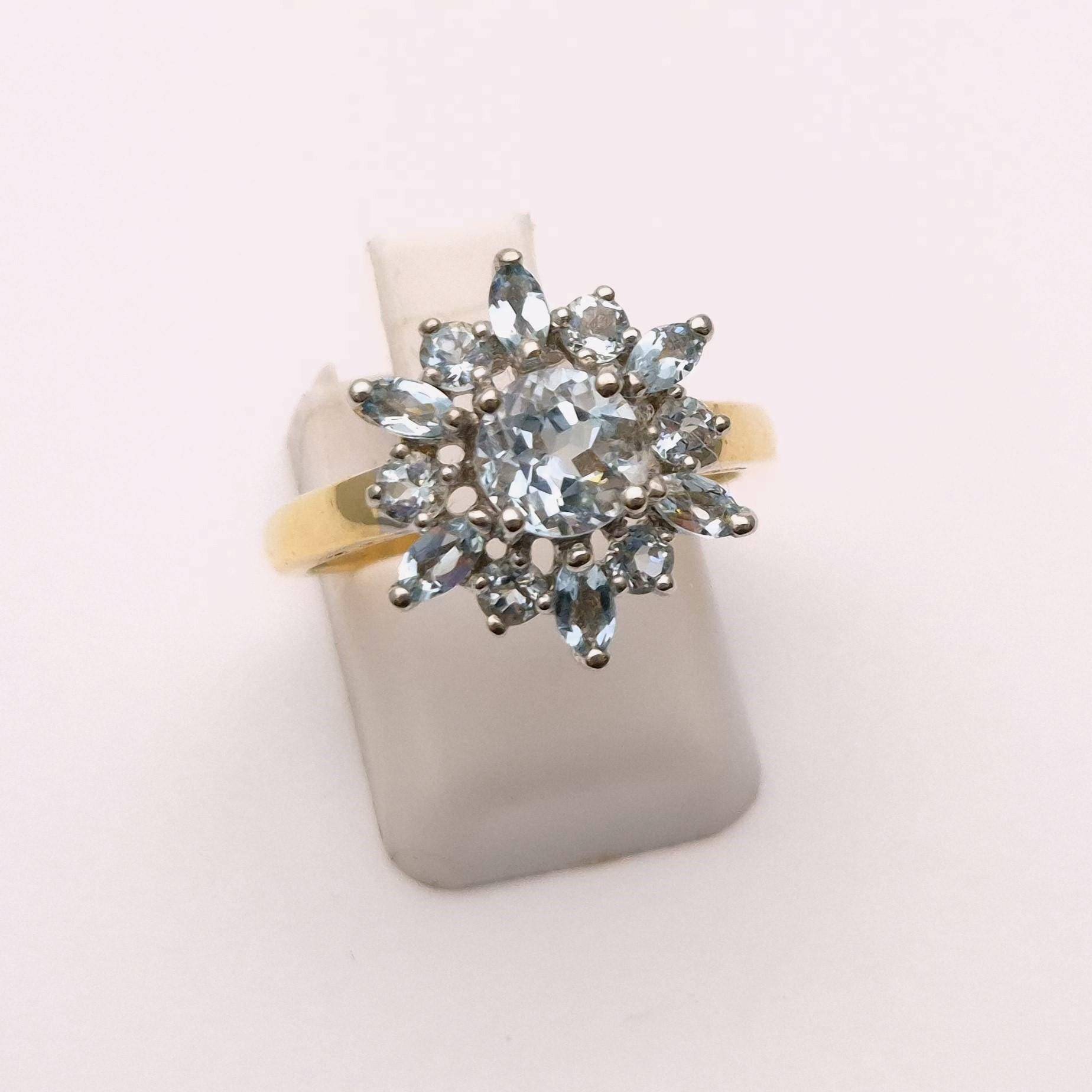 9ct Yellow Gold Blue Topaz Starburst Cluster Ring