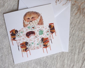 Cake party greeting card - hedgehog and bees