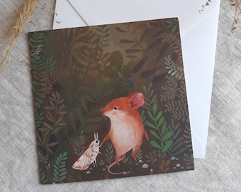 Mouse and moth friends greeting card