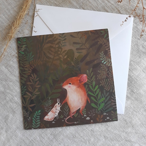 Mouse and moth friends greeting card