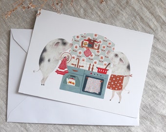 A6 pigs in kitchen greeting card