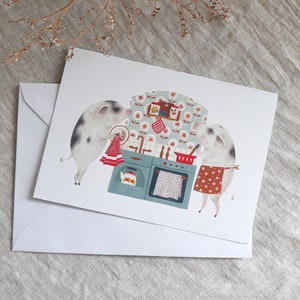 A6 pigs in kitchen greeting card